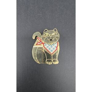 Cat Brooch Pin Brass Gold Tone Red Blue Cotton Bandana Scarf Costume Jewelry